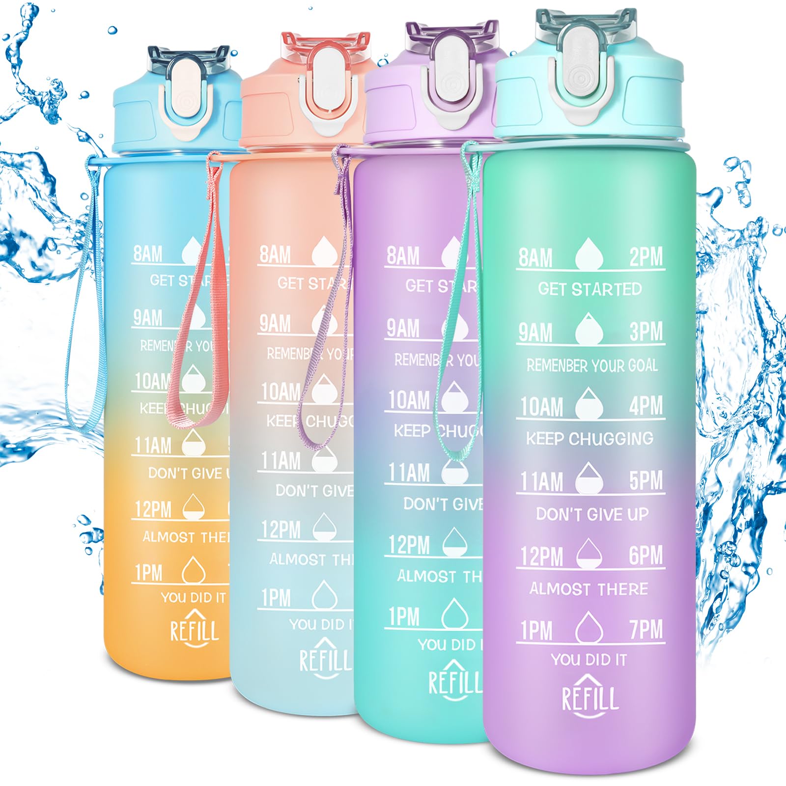 SUPPRUI Kids Water Bottle with Time Markings,700ML Motivational Water Bottles with Straw, Leakproof BPA-free Tritan Drink Bottle for Sport,Cycling,Gym, School & Office (Green & Purple)