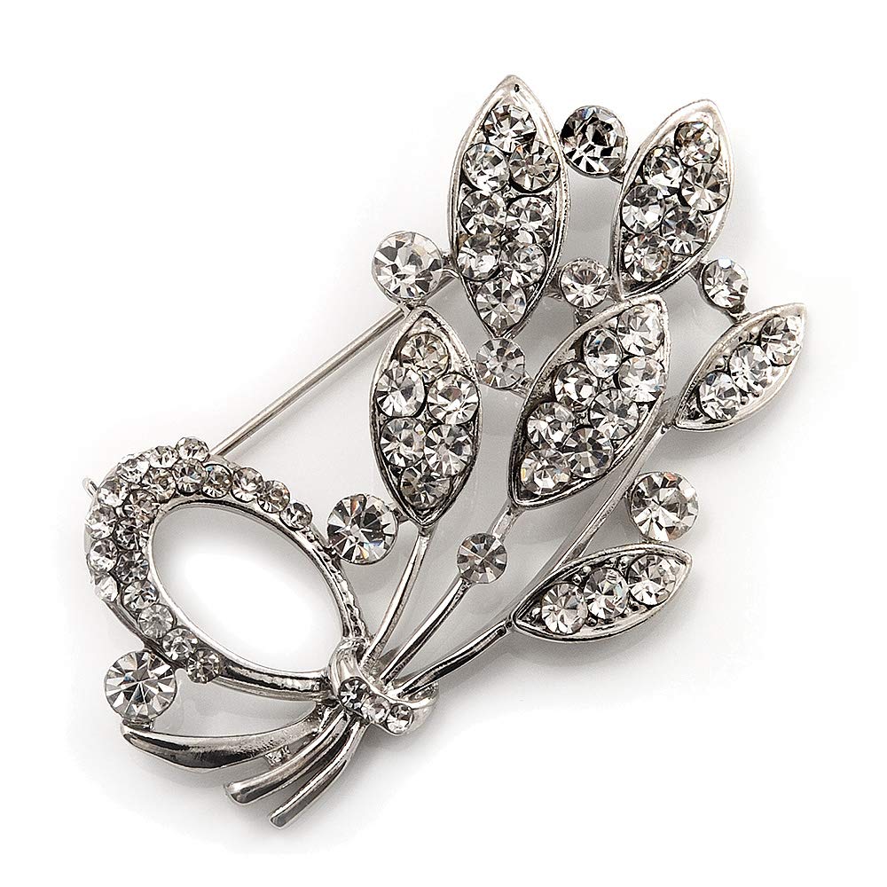 Silver Tone Clear Crystal Bouquet Brooch