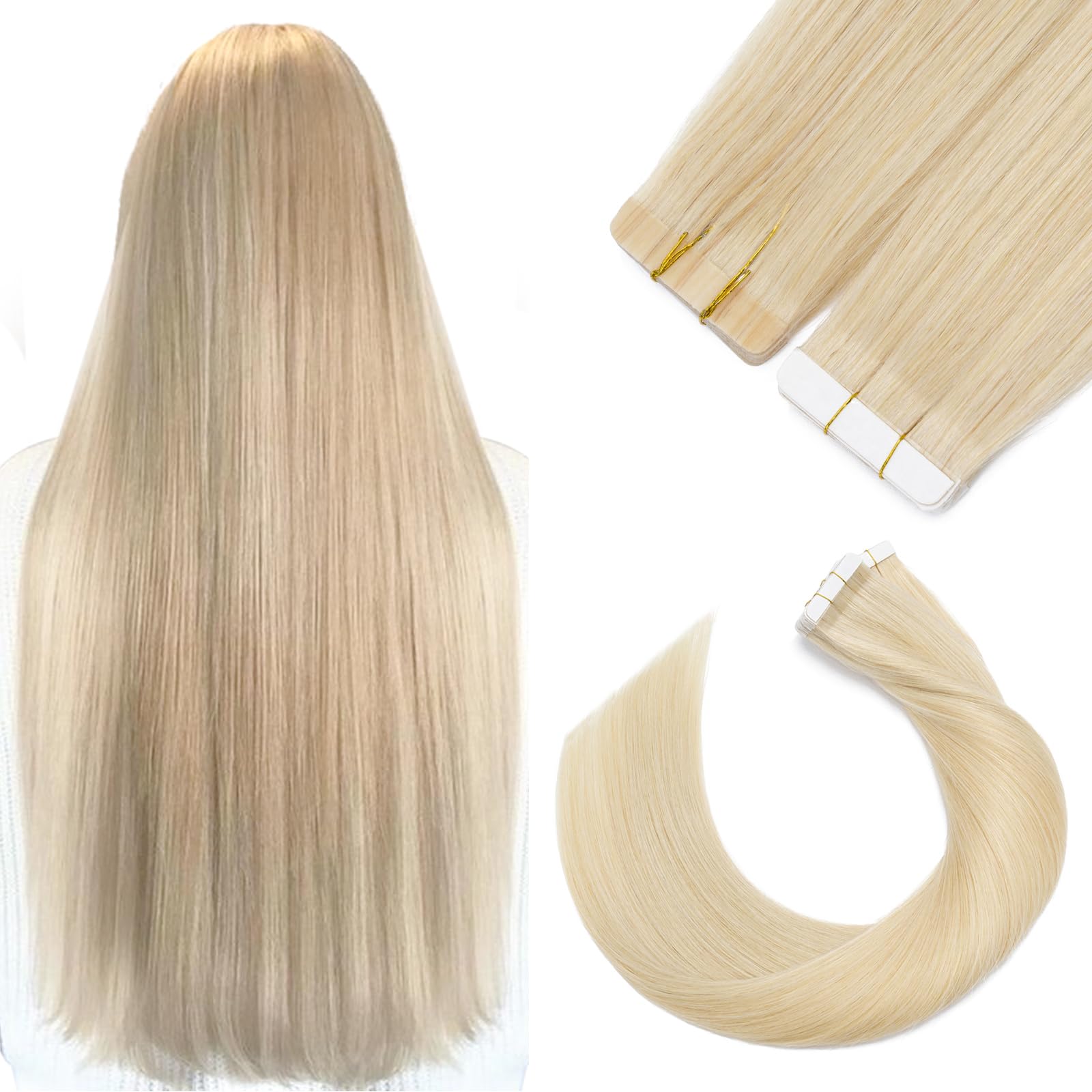 20inch Tape in Hair Extensions Human Hair Blonde 100% Real Remy Hair Skin Weft Straight 20 Pieccs 50g #613 Bleach Blonde