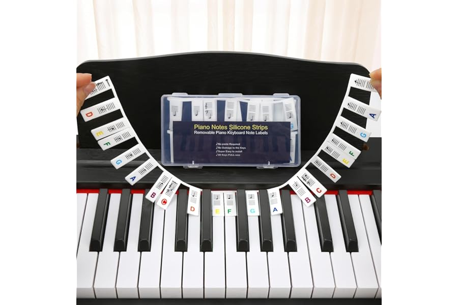 LEIEILUK Premium Silicone Piano Keyboard Note Labels for Beginners, Removable & Reusable Piano Keyboard Stickers for Learning, 88 Key Full Size Piano Notes Guide with Storage Box (Rainbow Colors)