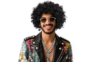 ROC PARTY Black Curly Wig,Short Fluffy Afro Wig for 70s 80s Disco & Cosplay - Heat-Resistant Synthetic Curly Wig for Men and Women, Halloween Anime Fancy Dress Party Costume Wig ﻿