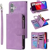 RANYOK Wallet Case Compatible with iPhone 17 Case, with 6 Card Holder RFID Blocking, PU Leather Zipper Flip Wallet Pocket, Kickstand, Wrist Strap | Protective Phone Cover for 17, Purple
