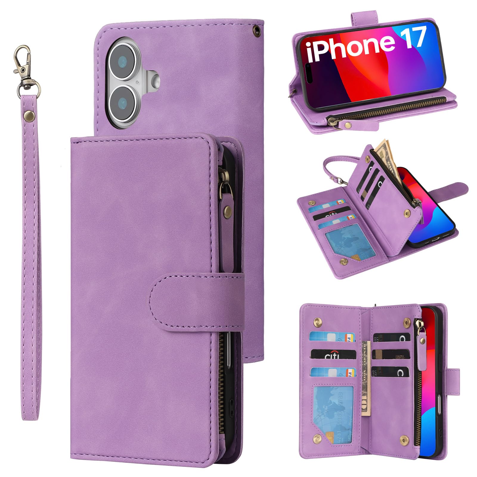RANYOK Wallet Case Compatible with iPhone 17 Case, with 6 Card Holder RFID Blocking, PU Leather Zipper Flip Wallet Pocket, Kickstand, Wrist Strap | Protective Phone Cover for 17, Purple