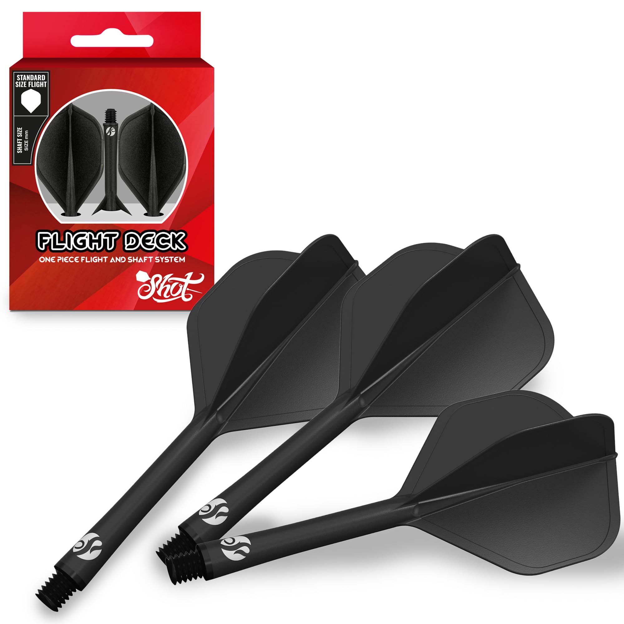 Shot! Darts Flight Deck One Piece Dart Flight and Shaft System, Reduced Deflections, Standard Shaped Flight (350 Micron), Available in Set of 3 (Black, Short)