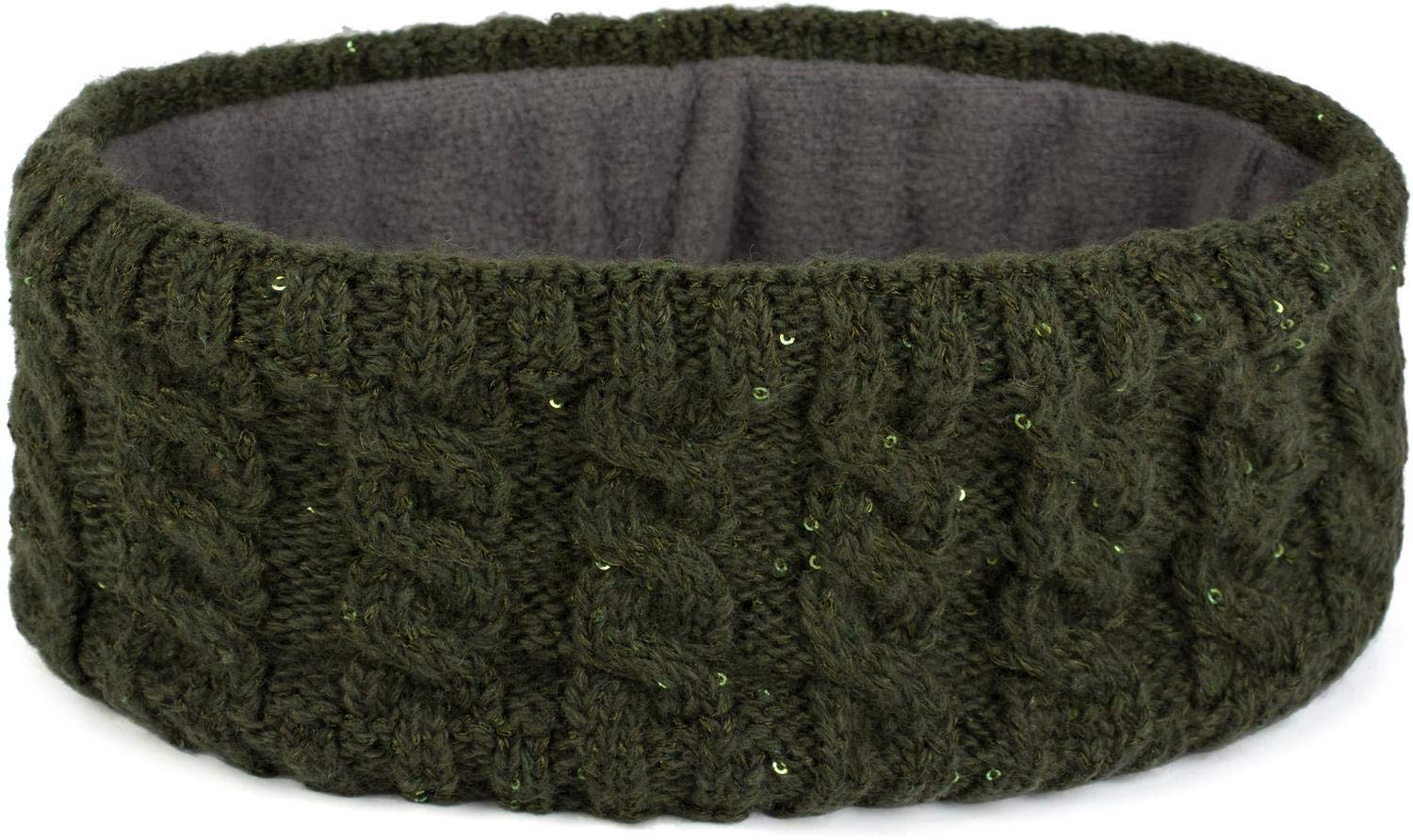 styleBREAKER women knit headband with plait pattern and sequins, fleece lining, hairband, headband, women 04026028, color:Olive