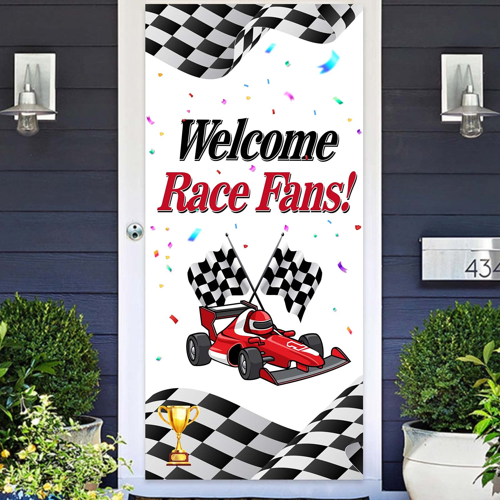 Photo 1 of Welcome Race Fans Racing Car Birthday Photo Booth Props Banner Backdrop Background Trophy Check Flag F1 F3 Theme Decor for Hot Wheels 1st Birthday Party Baby Shower Flag Supplies Favors Decorations