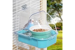 WQY GROCERYSHOP Bird Feeder for Cage No Mess Bird Cage Pet Feeder Bird Bath for Cage for Parakeet Canary Cockatiel Parrot Finch with Ceramic Bowl and Blue Container (Blue Container)