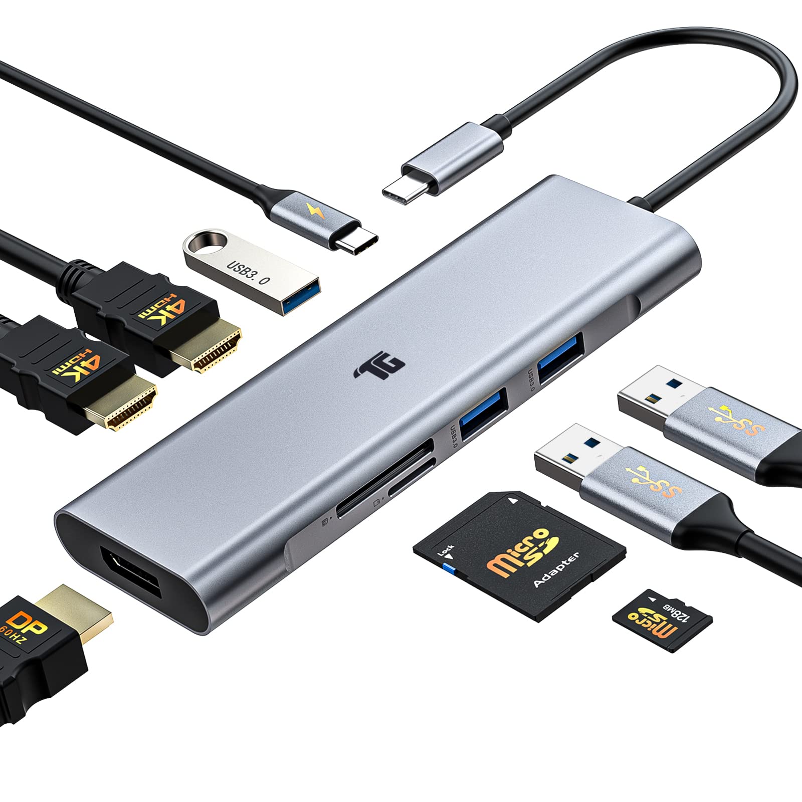 USB C Docking Station Dual Monitor, Tiergrade 9 in 1 USB-C Laptop Docking Station USB Type C Hub Multiport Adapter with Dual 4K HDMI, DP, 100W PD, 3 USB3.0 and TF/SD Card Reader for Type-C Devices