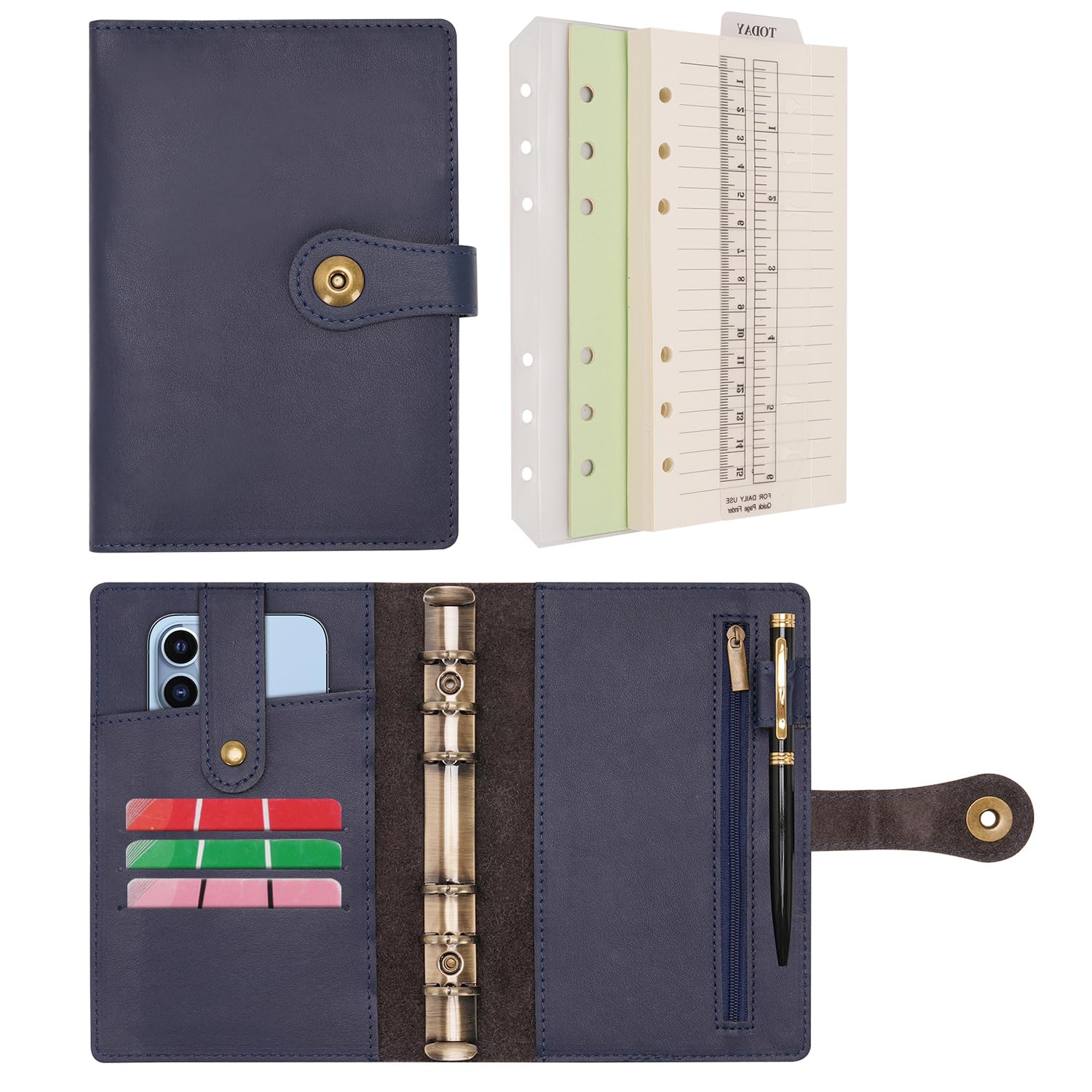 Wonderpool A6 Binder Travel Diary Journal Notebook, College Ruled Paper Refillable, Leather Budget Binder Rings Organizer with Pen for Office School Business Planning Writing (Blue, A6)