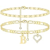 Wremily Initial Ankle Bracelets for Women Waterproof 14K Gold Plated Dainty Layered Figaro Chain Letter Initial CZ Heart Ankle Bracelets Set Summer Beach Jewelry for Women