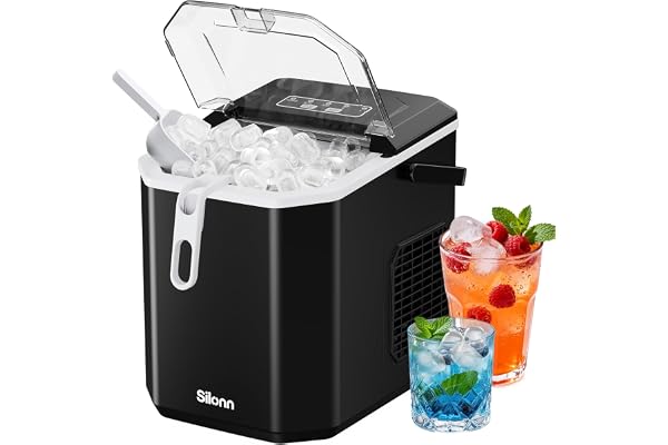 Silonn Ice Maker Countertop, Portable Ice Machine with Carry Handle, Self-Cleaning Ice Makers with Basket and Scoop, 9 Cubes in 6 Mins, 26 lbs per Day, Ideal for Home, Kitchen, Camping, RV
