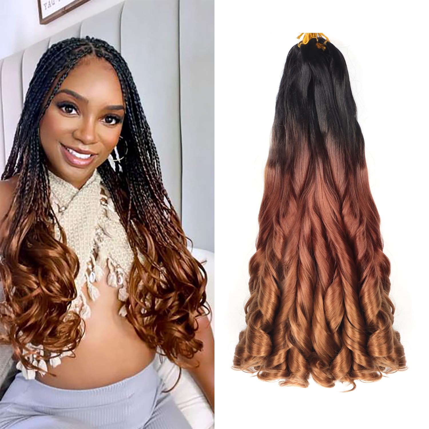 18 inch French Curl Braiding Hair 8 Pack Loose Wavy Spiral Curl Braids Crochet Hair Deep Wave Synthetic Extensions Pre Stretched Bouncy Braiding Hair(18 Inch 1B/33/30) — image 1