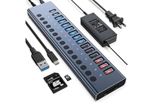 Powered USB Hub, VANGREE 17-Port 90W USB 3.0 Splitter (7 USB 3.0 Ports+3 Smart Charging Ports+3 USB 2.0 Ports+2 USB-C 3.0 Ports+SD/TF Card Reader), 12V/7.5A Power Adapter for Laptop, PC