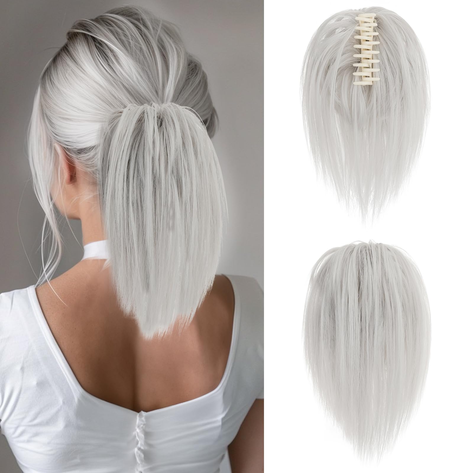 Benehair Silver Claw Clip - Messy Bun Hairpiece, Ponytail Hairpiece, Straight Hair Bun Clip, Extension (Silver, 60g)