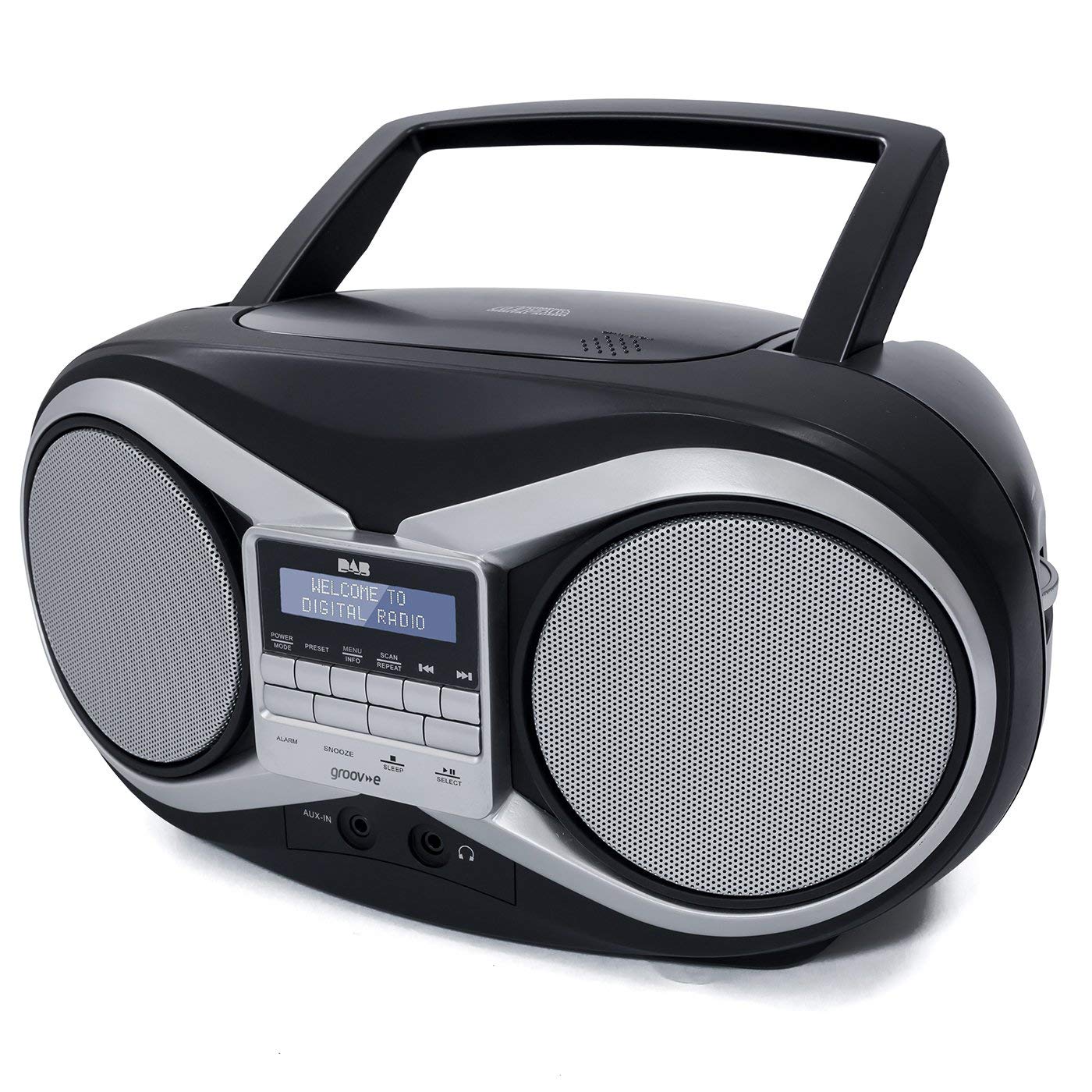 Groov-e Portable CD Player with DAB/FM Digital Radio, 20 Preset Stations, 3.5mm AUX Input, Headphone Jack, LCD Display - Black