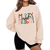 LETSEE Christmas Sweatshirts for Women Merry And Bright Crewneck Oversized Fleece Sweater Xmas Holiday Top
