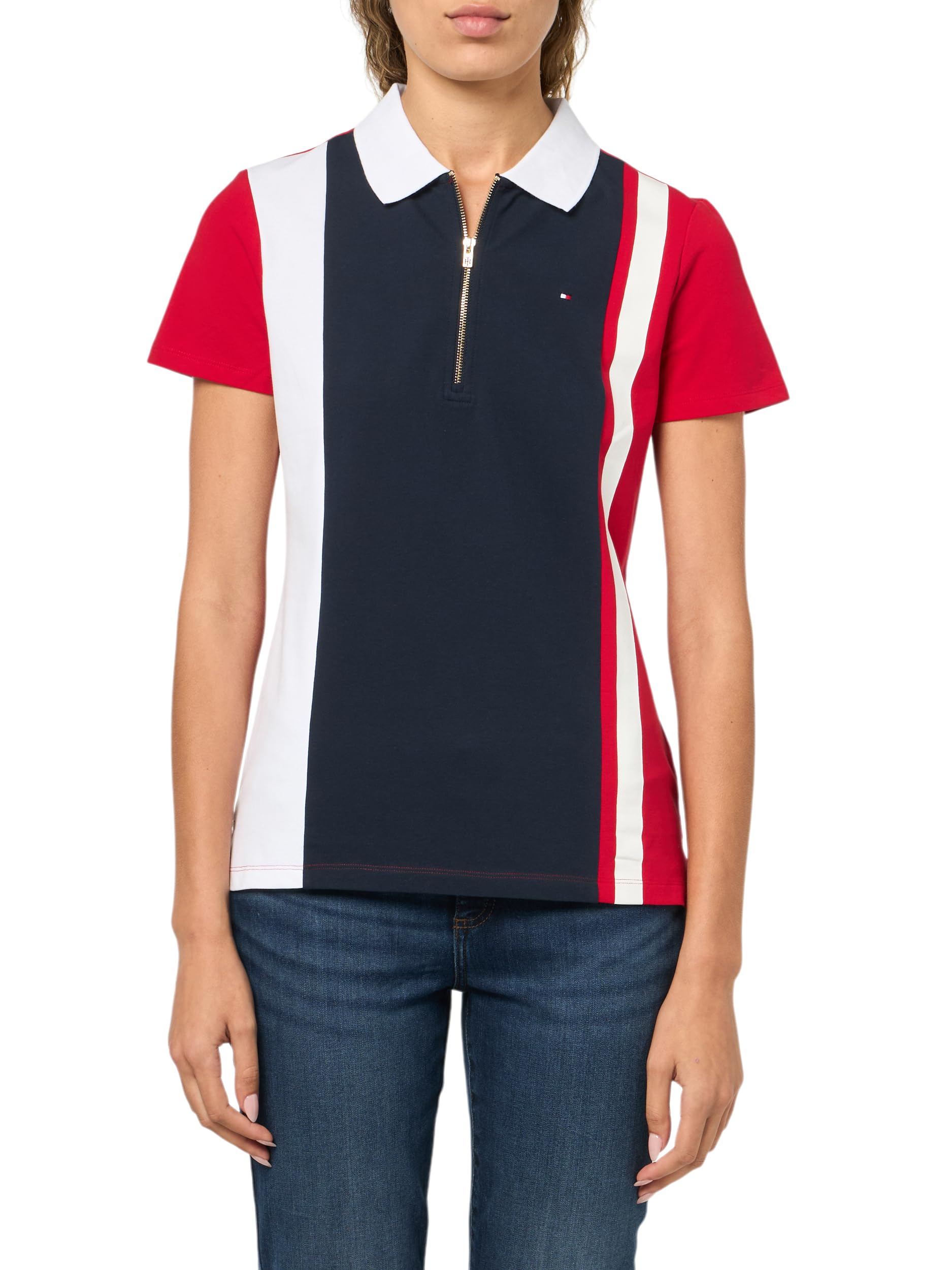 Tommy Hilfiger Women’s Short Sleeve Zip Polo Shirt, Scarlet Multi, Large