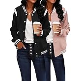 Bomber Jacket Women Varsity Casual Button Down Lightweight Fall Winter Short Outwear with Pockets