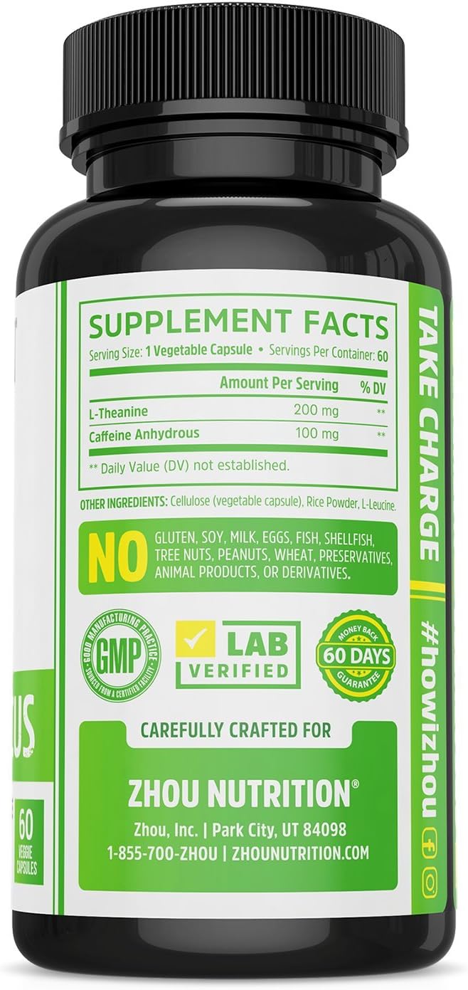 Caffeine with L-Theanine for Smooth Energy & Focus - Focused Energy for Your Mind & Body - No Crash ▫ No Jitters - #1 Nootropic Stack for Cognitive Performance - Veggie Capsules: Health & Personal Care