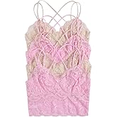 OYOANGLE Women's 4 Pack Lace Bralettes Criss Cross Cami Bras Unlined Wireless Comfortable Everyday Bra Cute Lace Bras