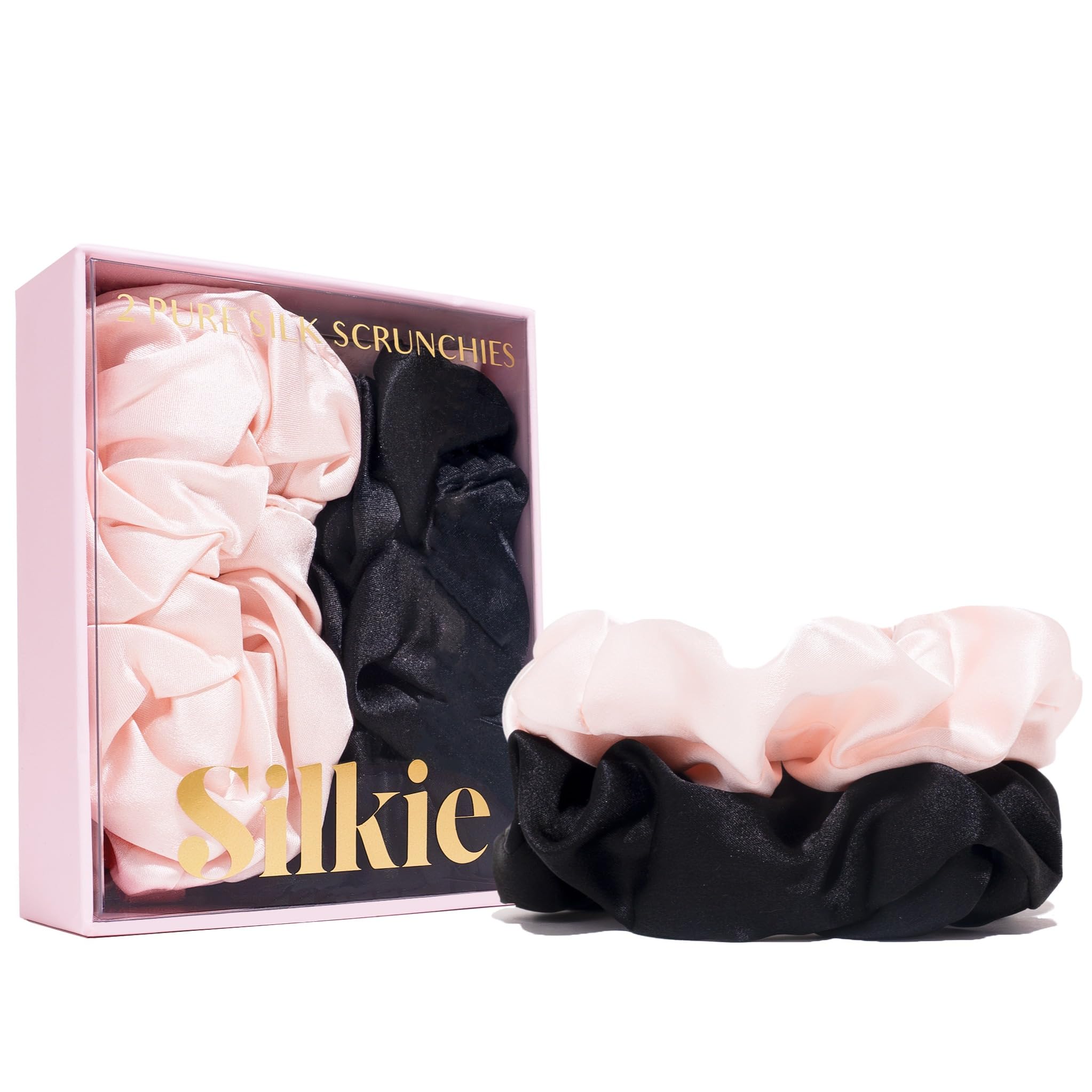 SILKIE x2 Set 100% Pure Mulberry Silk Pink Black Large Oversized Scrunchies Silk Travel Pouch Hair Ties Elastics Hair Care Premium Ponytail Holder No Damage