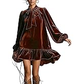 Women's Tie Neck Velvet Babydoll Dress Elegant Long Sleeve Ruffle Hem Casual Beach Flowy Cocktail Party Mini Dresses