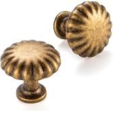 ASKANO Round Antique Brass Cabinet Knobs 1-1/4 Inch 30 Pack K2408 | Solid, Smooth Edge, Single Hole Cabinet Pulls, Vintage Brass Kitchen Handles for Drawer Dresser Bathroom Vanity Cupboard