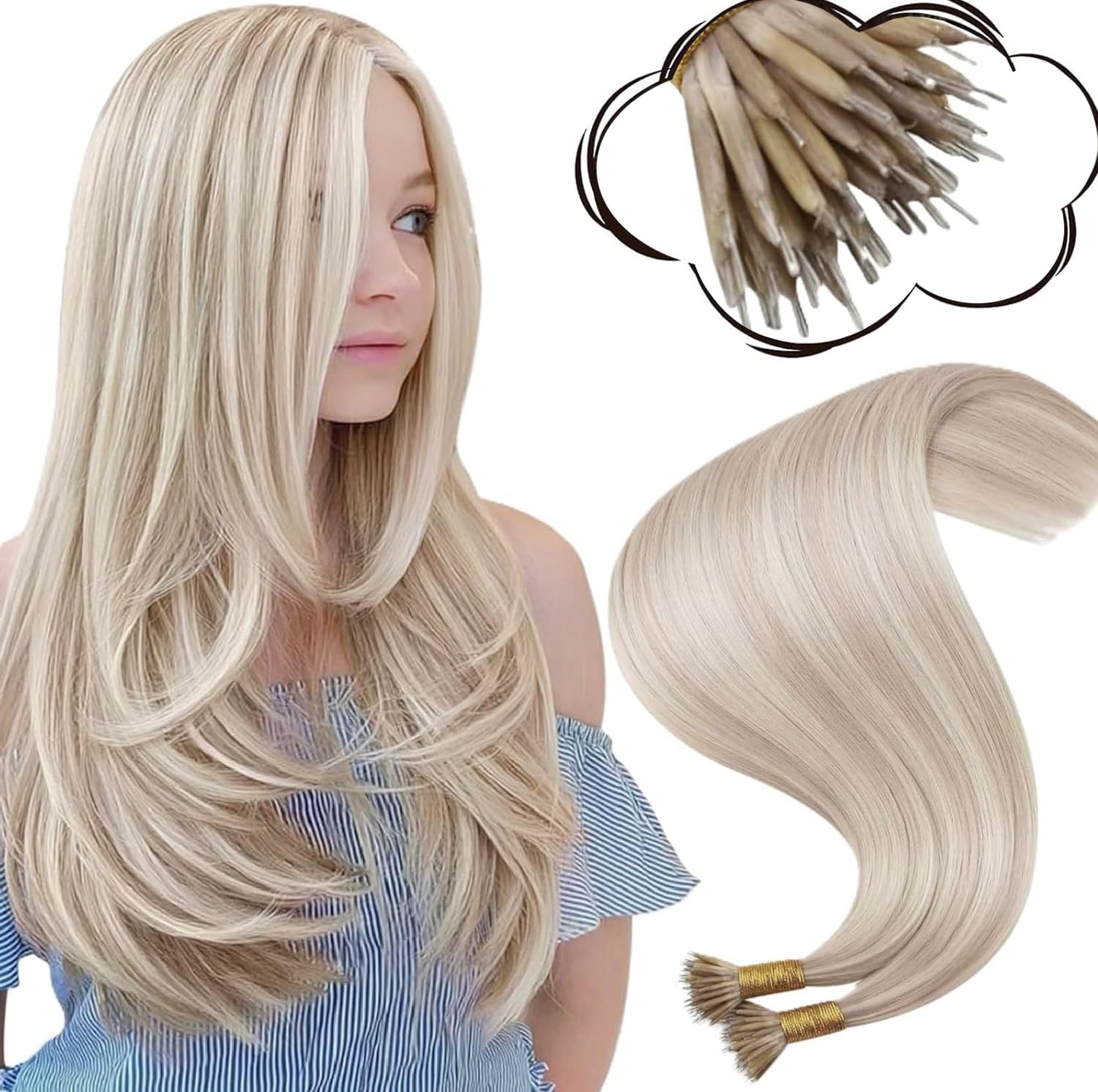 Moresoo Nano Hair Extensions 1g/s 50g/Pack Remy Hair Ash Blonde with Platinum Blonde Nano Ring Hair Extensions Real Human Hair 14 Inch #P18/613 — image 1