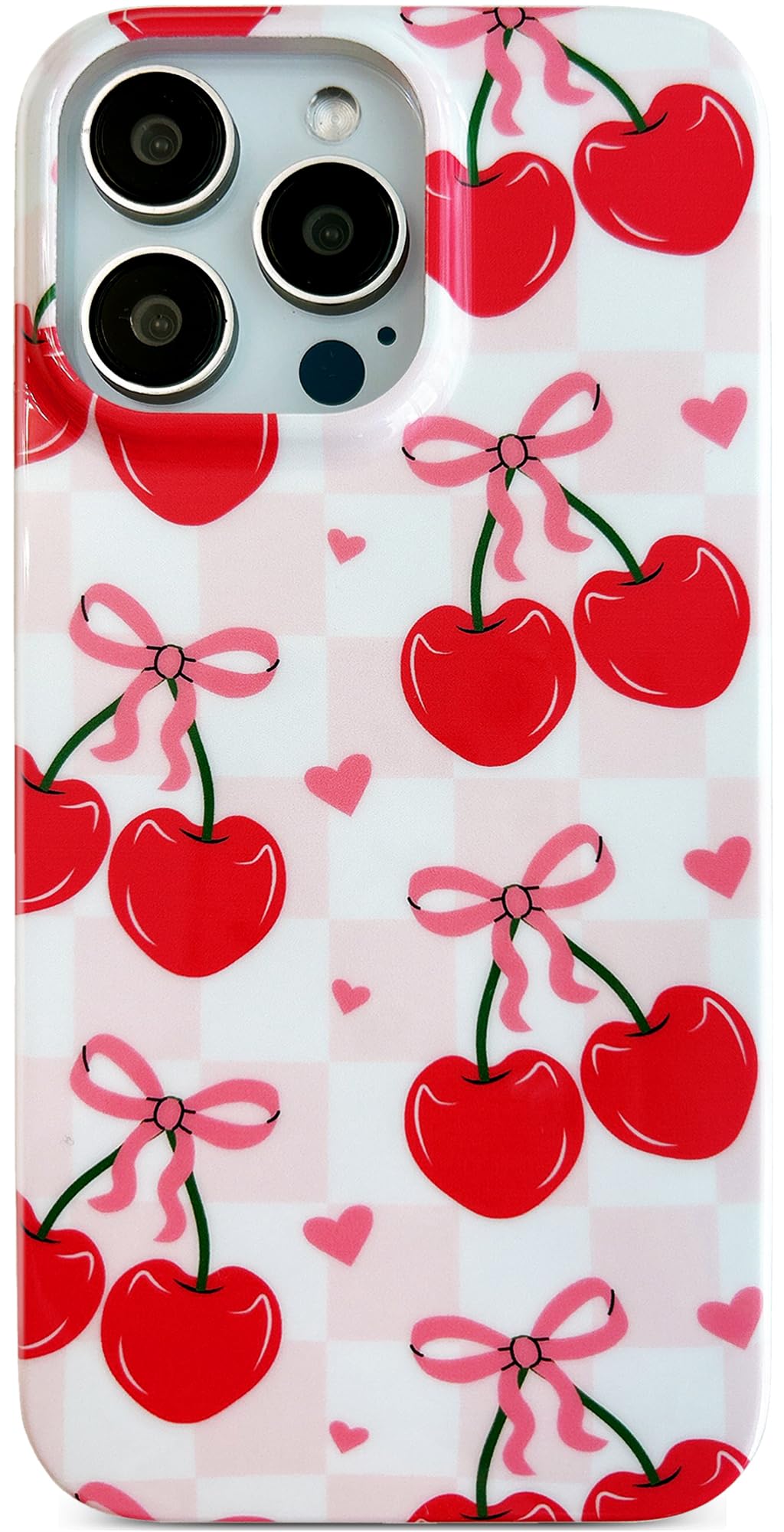 Qokey for iPhone 16 Pro Max Case 6.9 inch,Cute Pink Checkered Pattern with Cherry Fruit & Ribbon Design, Soft Flexible Bumper, Lightweight Protective Cover - Love Cherries
