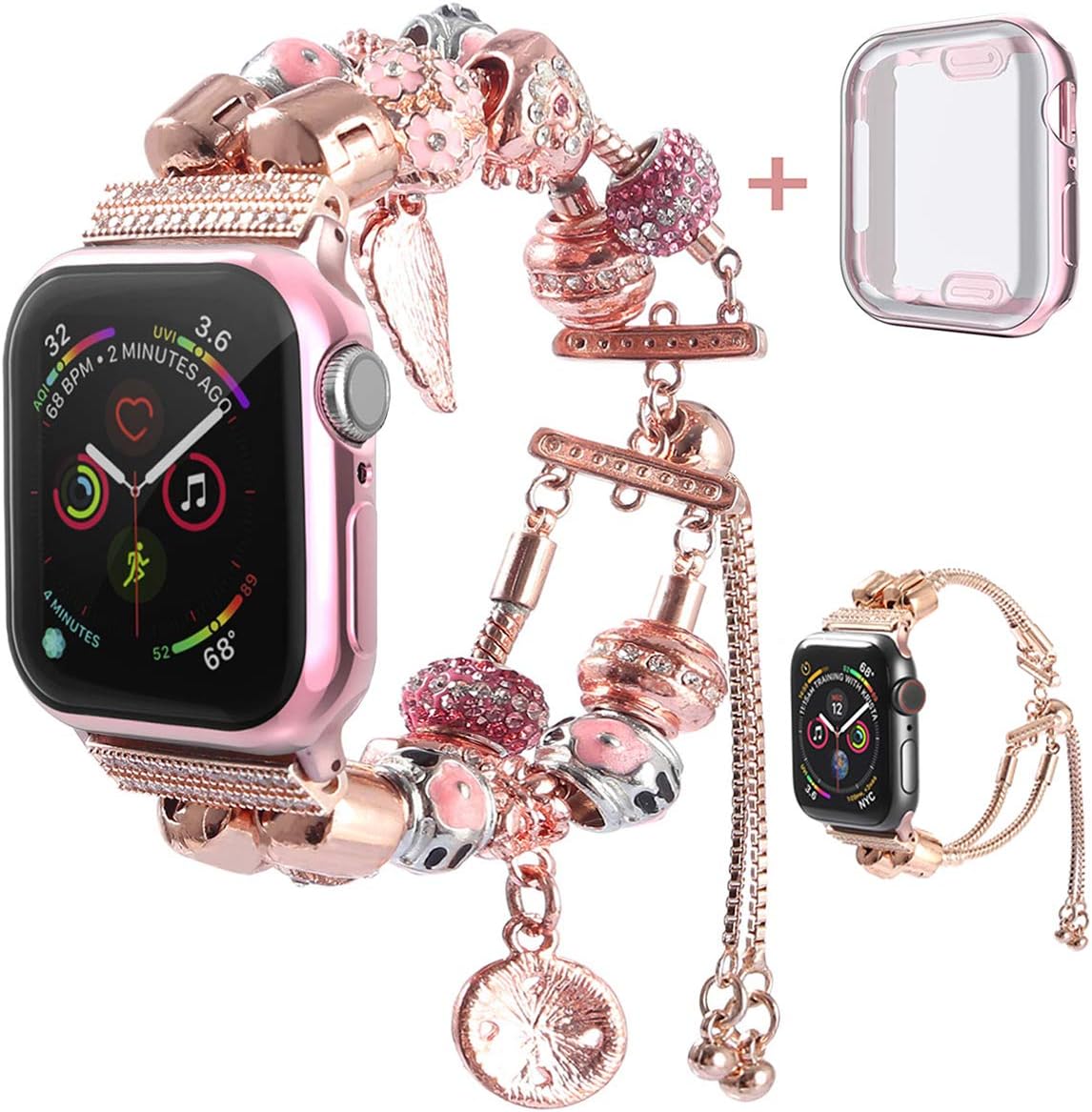 KoudHug 2 in 1 DIY Bracelet Compatible Apple Watch Band 38mm 40mm 42mm 44mm with Case iWatch Series 4 3 2 1, Jewelry Beaded Apple Watch Band Women Cuff Wristband (Rose Gold, 38mm Band/Case)