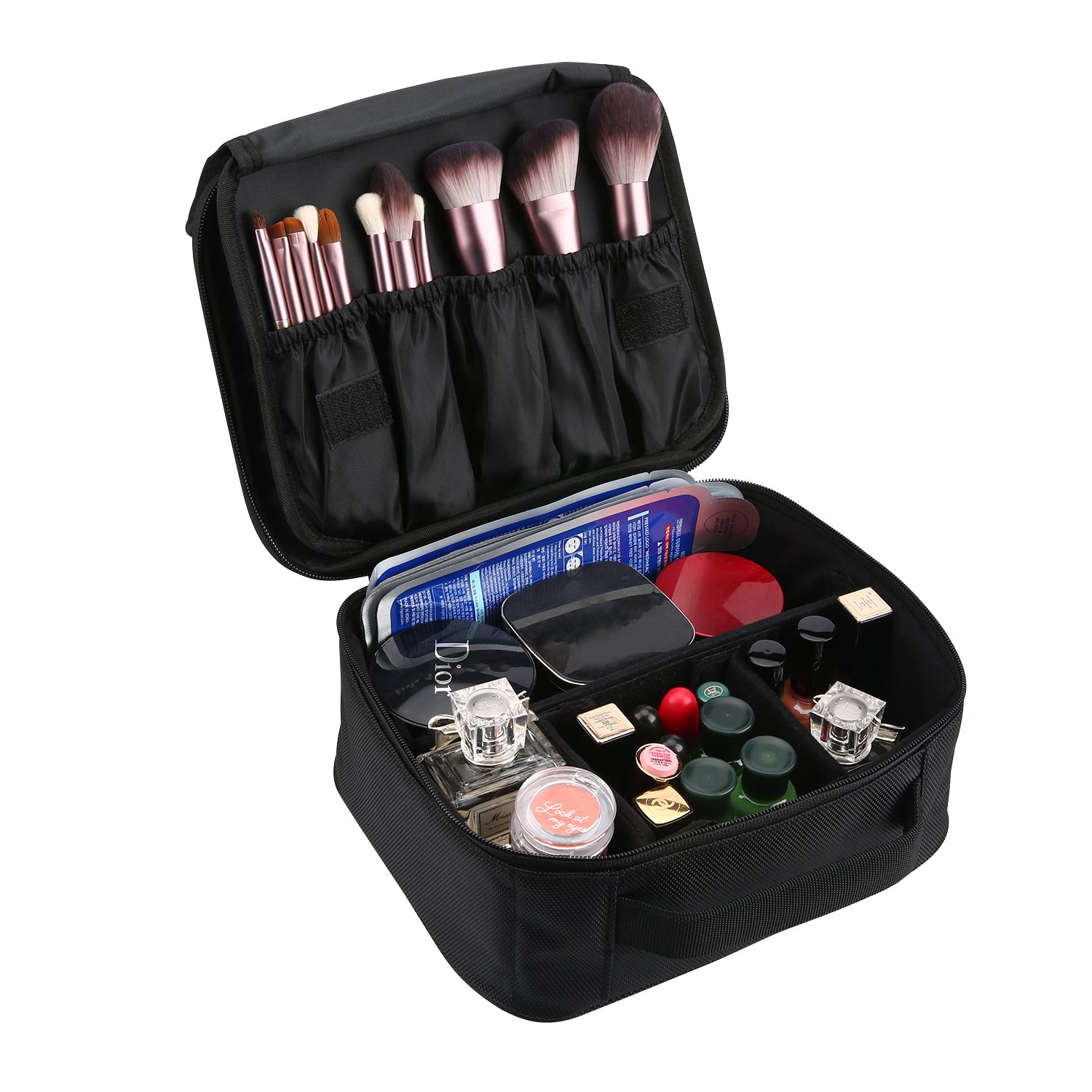 Travel Makeup Train Case, Professional Cosmetic Bag Portable Toiletry Bags with 3 Layers Adjustable Divider for Women Girls