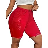 Plus Szie Casual Distressed Denim Bermuda Shorts, Ripped Jean Shorts with Raw Hem