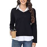 Kaleforneo Womens Sweaters Fall Fashion 2025 V Neck Long Sleeve Collared Shirts Office Business Lightweight 2 in 1 Tops