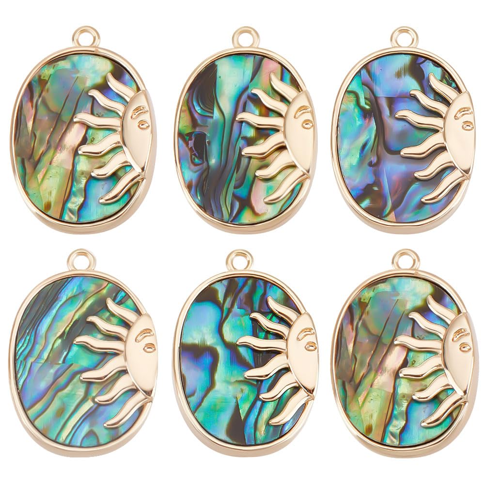 Beebeecraft 1 Box 6Pcs Abalone Shell Charms 18K Gold Plated Oval Paua Shell Charms Sun Colorful Pendant Charm for Earring Necklace DIY Jewelry Making 0.65x0.06In
