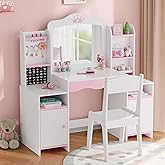 MU Kids Vanity, Girl Vanity Set with Mirror and Stool, 2 in 1 Toddler Makeup Vanity Table with Jewelry Storage, Wooden Princess Makeup Desk Dressing Table for Little Girls, (White)