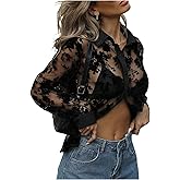 WDIRARA Women's Floral Mesh Sheer Button Down Shirts See Through Long Sleeve Blouse Tops