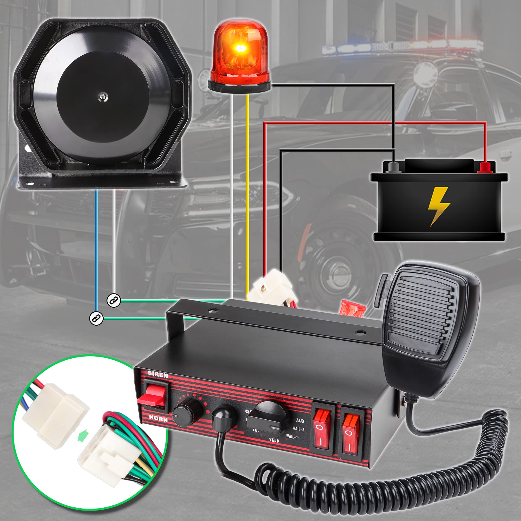 Police Siren for Car 8 Tones Warning Emergency Siren PA System with Handheld Microphone 12V 200W for Police car,The Ambulance,Fire Truck,Engineering Siren for Vehicle