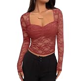 REORIA Womens Sexy Sheer Mesh Tops Floral Lace Long Sleeve Shirts Low Cut Slim Fitted Outfits See Through Going Out Blouses
