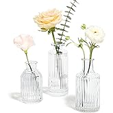 ComSaf Glass Bud Vases Set of 3, Small Flower Vases in Bulk, Mini Ribbed Vases for Centerpieces, Clear Vintage Vase for Table Decorations, Wedding, Party, Receptions, Home Decor (Different Sizes)