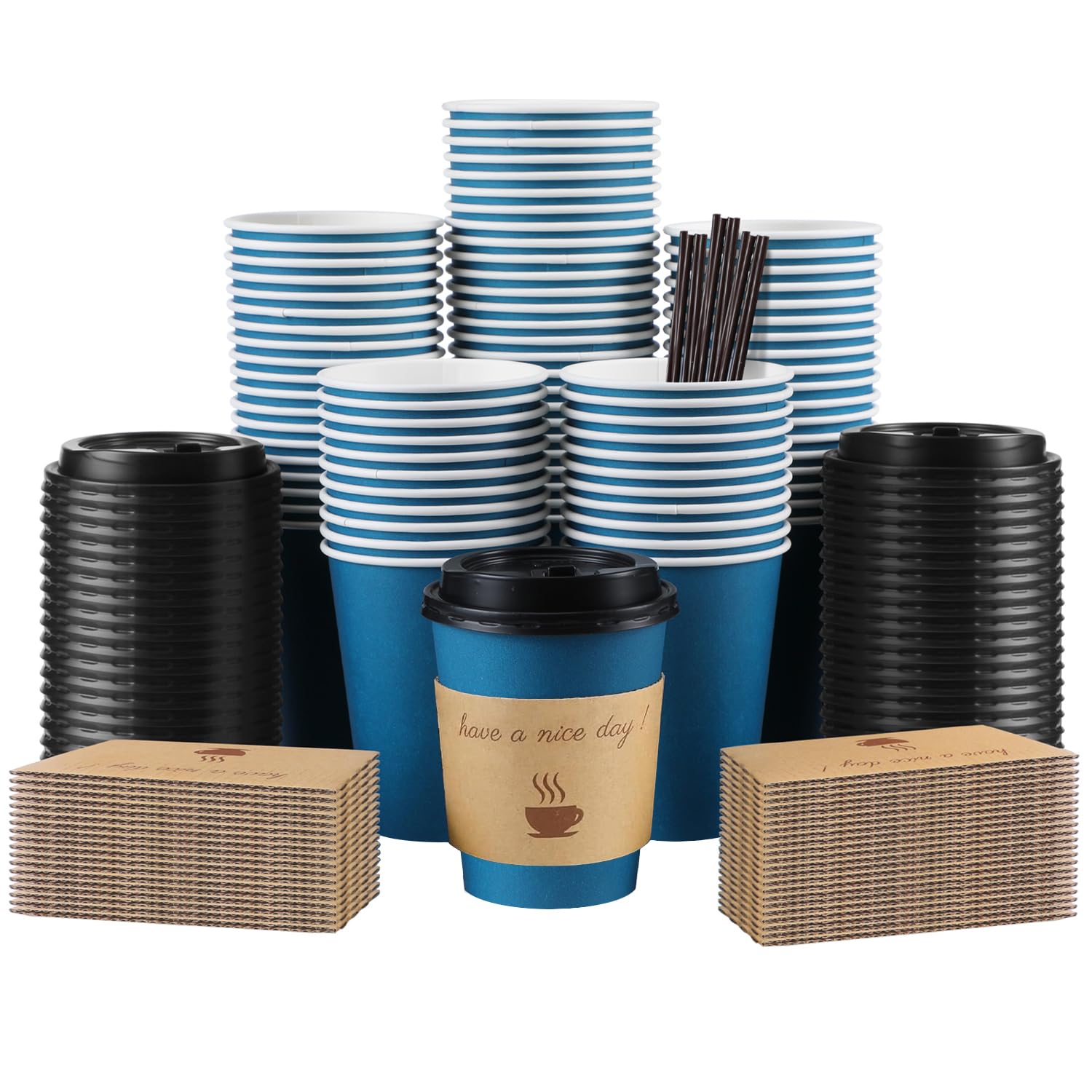 Clawsoff 100 Pack 10 oz Coffee Cups with Lids, Disposable To Go Paper Coffee Cups with Sleeves and Stirring Sticks for Hot/Cold Drinks Office Home Shop Event (Navy) Image