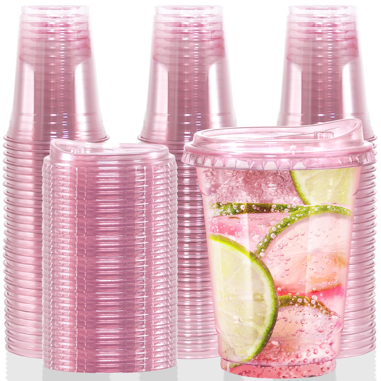 Photo 1 of 12oz Disposable Stemless Glasses With Strawless Sip Lids,PET Solo Disposable Cups ,Party Clear Plastic Wine Glasses for Parties Birthday,Wedding,Meeting,Christmas Party Supplies. (50, Pink)