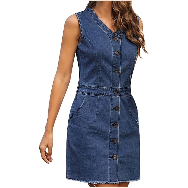 Women's Sleeveless V-Neck Denim Dress Summer Thin Casual Fashion Simple  Single-Breasted Mini Skirt Blue at Amazon Women's Clothing store