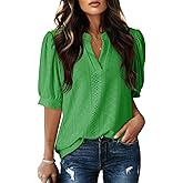 Dokotoo Womens Summer Business Casual Blouses V Neck Short Sleeve Shirts Hollow Out Cute Lace Tops