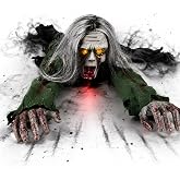 Crawling Zombie Animatronic with Light-Up Eyes, Halloween Decoration，StyleA | Motorized Creeping Zombie with Long Gray Hair &amp; Tattered Clothes for Haunted House, Porch, Party &amp; Spooky Home Decor