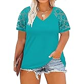 DOLNINE Plus-Size-Tops for Women Summer V Neck Casual Shirts Lace Short Sleeve Tees