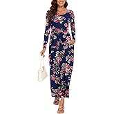HAOMEILI Women's Casual Loose Long Dress Long Sleeve Floral Print Maxi Dresses with Pockets XL Rose Navy