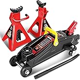 DNA Motoring 2 Ton Car Jack and Stands Kit Red/Black | 2T(4000 lbs) Capacity Low Profile Hydraulic Trolley Service/Floor Jack with 2 Ratchet Stands Combo, for Home Garage Shop