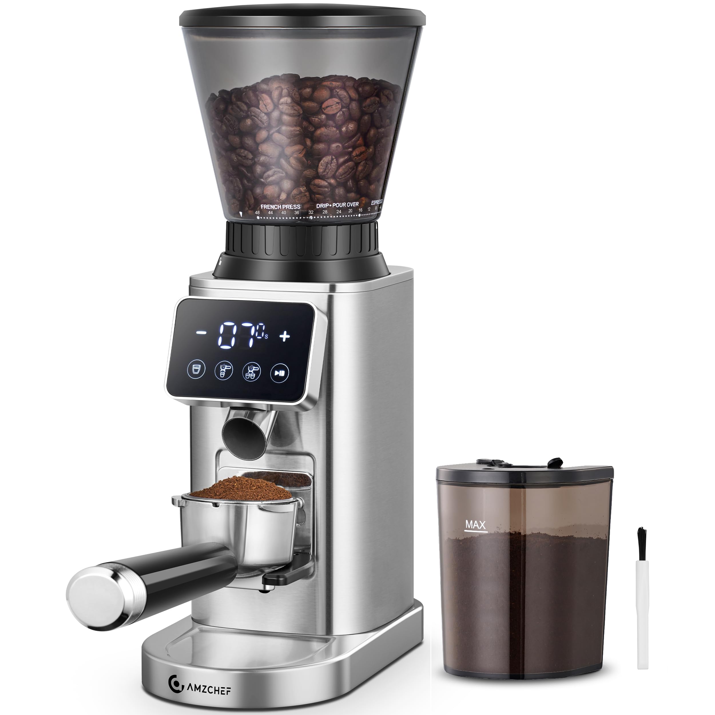 Photo 1 of AMZCHEF Coffee Grinder, Burr Coffee Bean Grinder for Home Use with 48 Precise Grind Settings, Detachable Funnel Stand for Espresso, LED Control Panel, Anti-static Design, silver