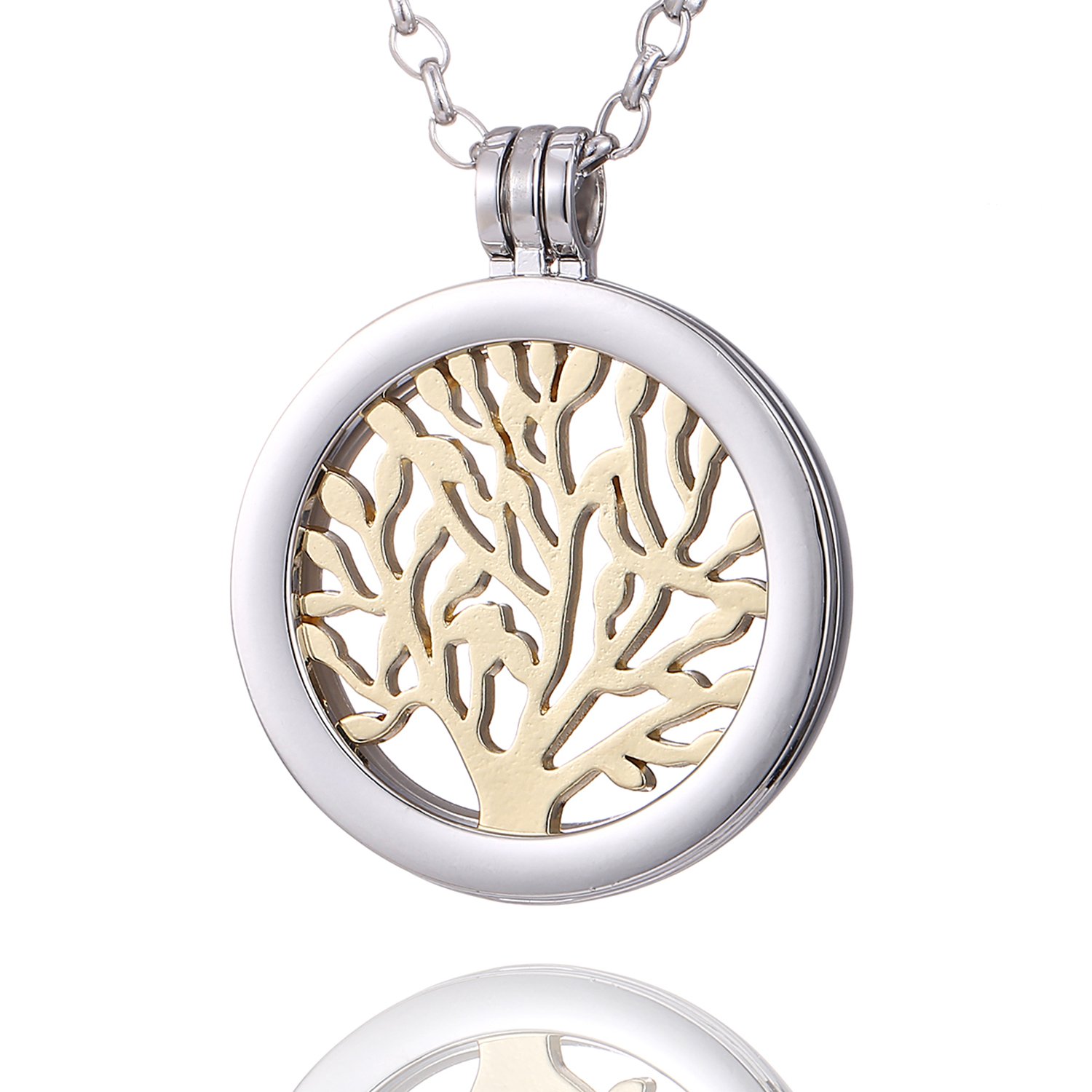 Morella Women Necklace 70 cm 27.5" Stainless Steel with Tree of Live Coin 33 mm 1,3" Gold in a Velvet Jewelry Bag