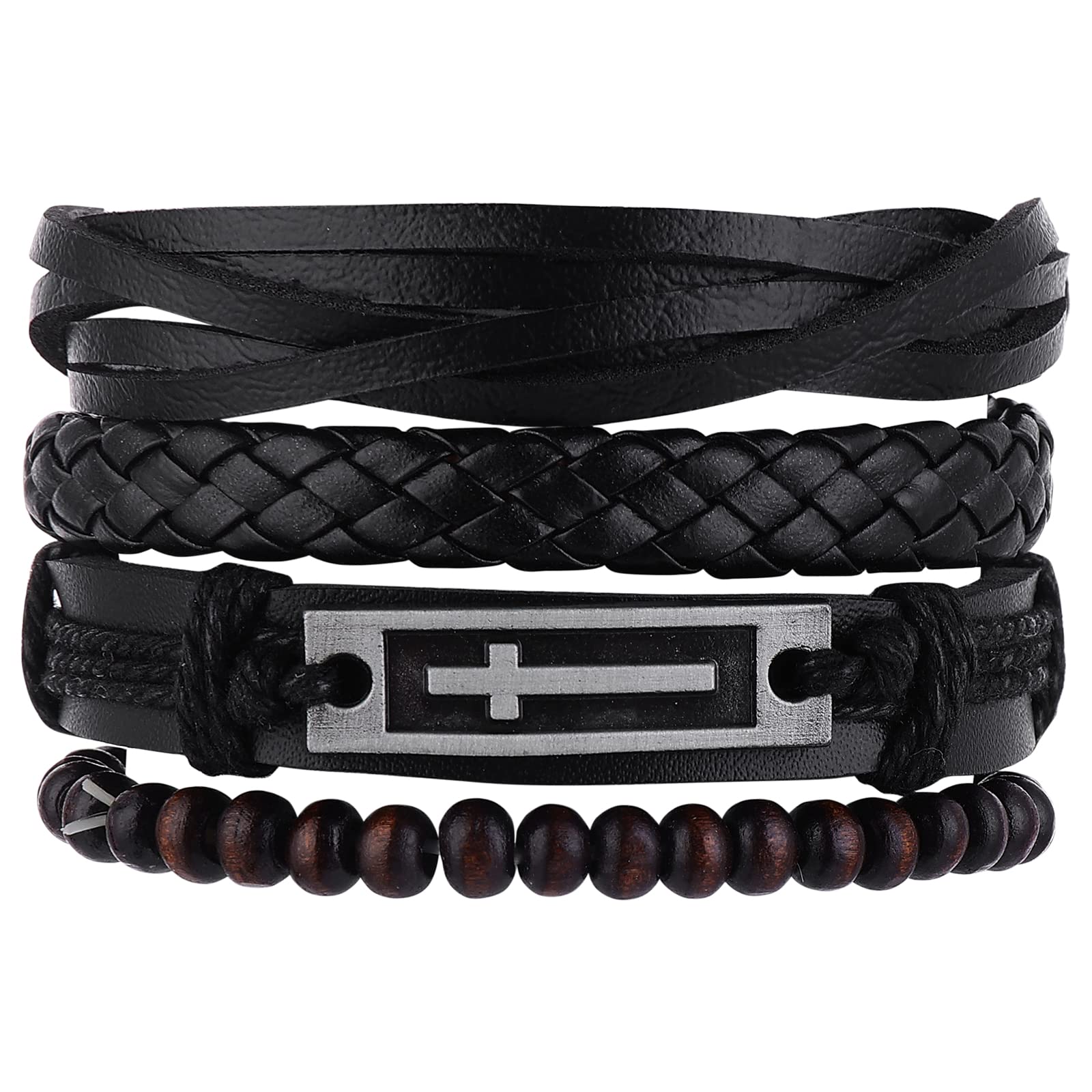 Yolev 4pcs Leather Bracelet Set for Men Women, Cross Charm Black Brown Wide Wristband, Woven Leather Cuff Wrap Bracelet Set, Elastic Adjustable Length